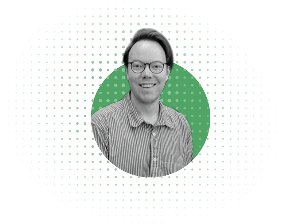 Martin Thompson, smiling, in a striped shirt, in a green circle over a field of dots